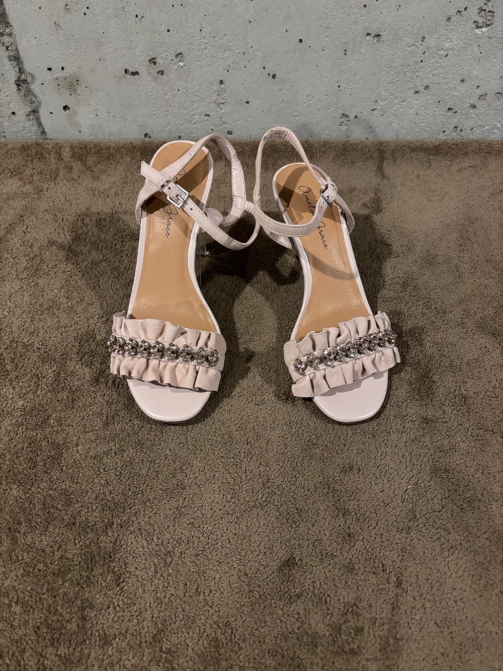 Amelia Grace Blush pink Betty Ruffle & Jewel Ankle-Strap Heels - Size 7